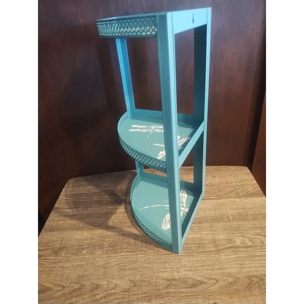 Vtg Metal Mesh Filagree Edge Corner Shelf 3 Tier Wall Hang MCM Blue Perforated